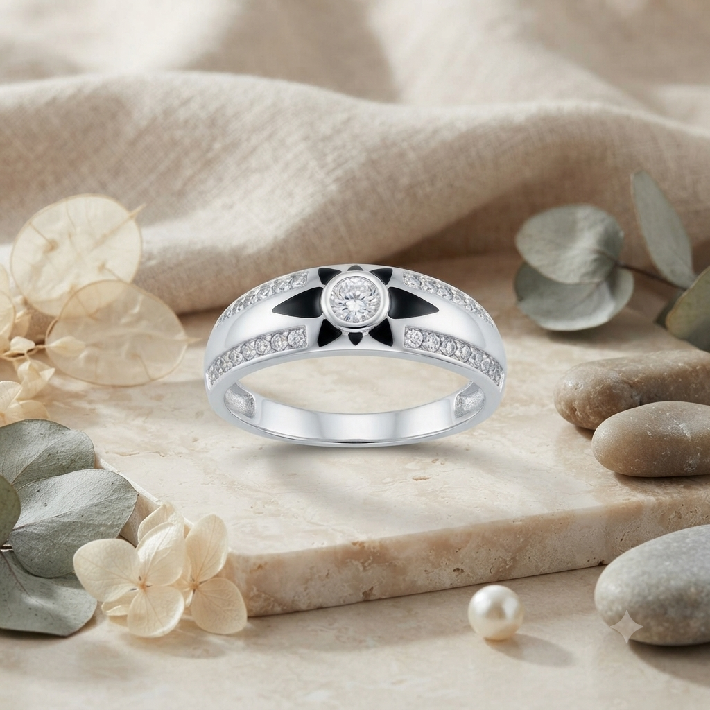 Sylvexia 925 Sterling Silver Black Enamel CZ Floral Band Ring for Women