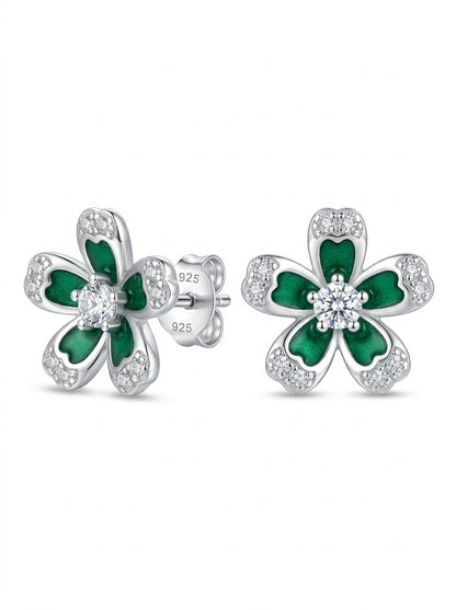 SYLVEXIA 925 Sterling Silver Green Floral Stud Earrings