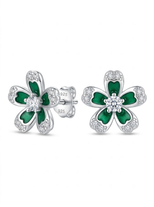 SYLVEXIA 925 Sterling Silver Green Floral Stud Earrings
