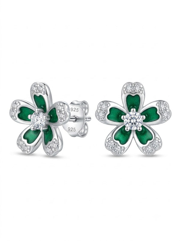 SYLVEXIA 925 Sterling Silver Green Floral Stud Earrings