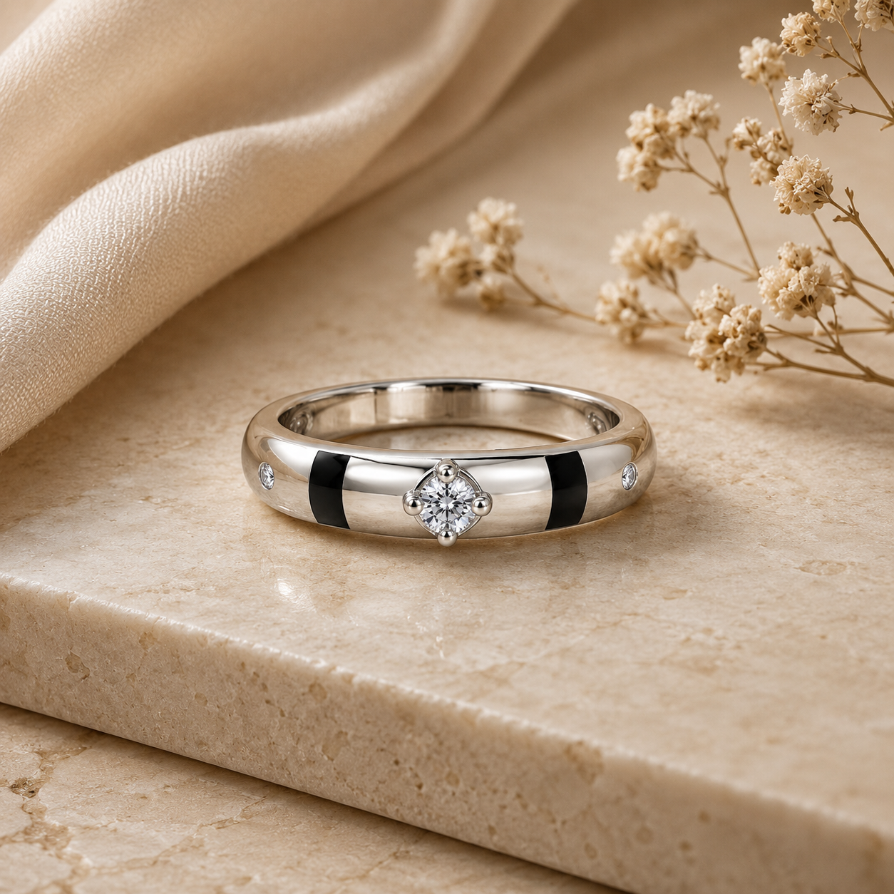 Sylvexia 925 Sterling Silver Round Black Enamel Ring for Women