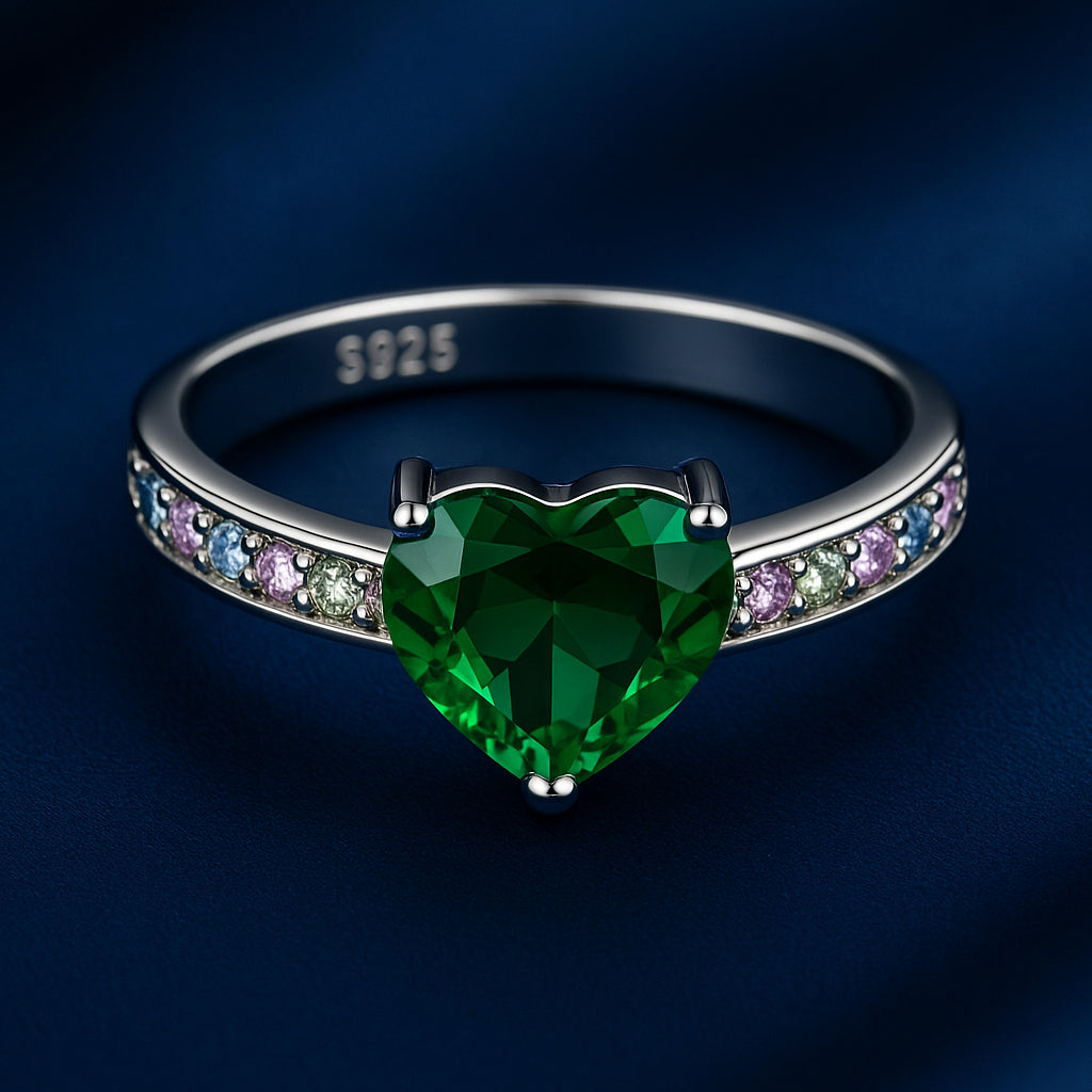 925 Sterling Silver Green Heart Stone Ring with Multicolor Band