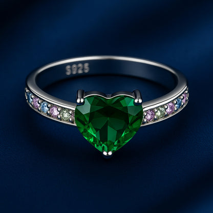 925 Sterling Silver Green Heart Stone Ring with Multicolor Band