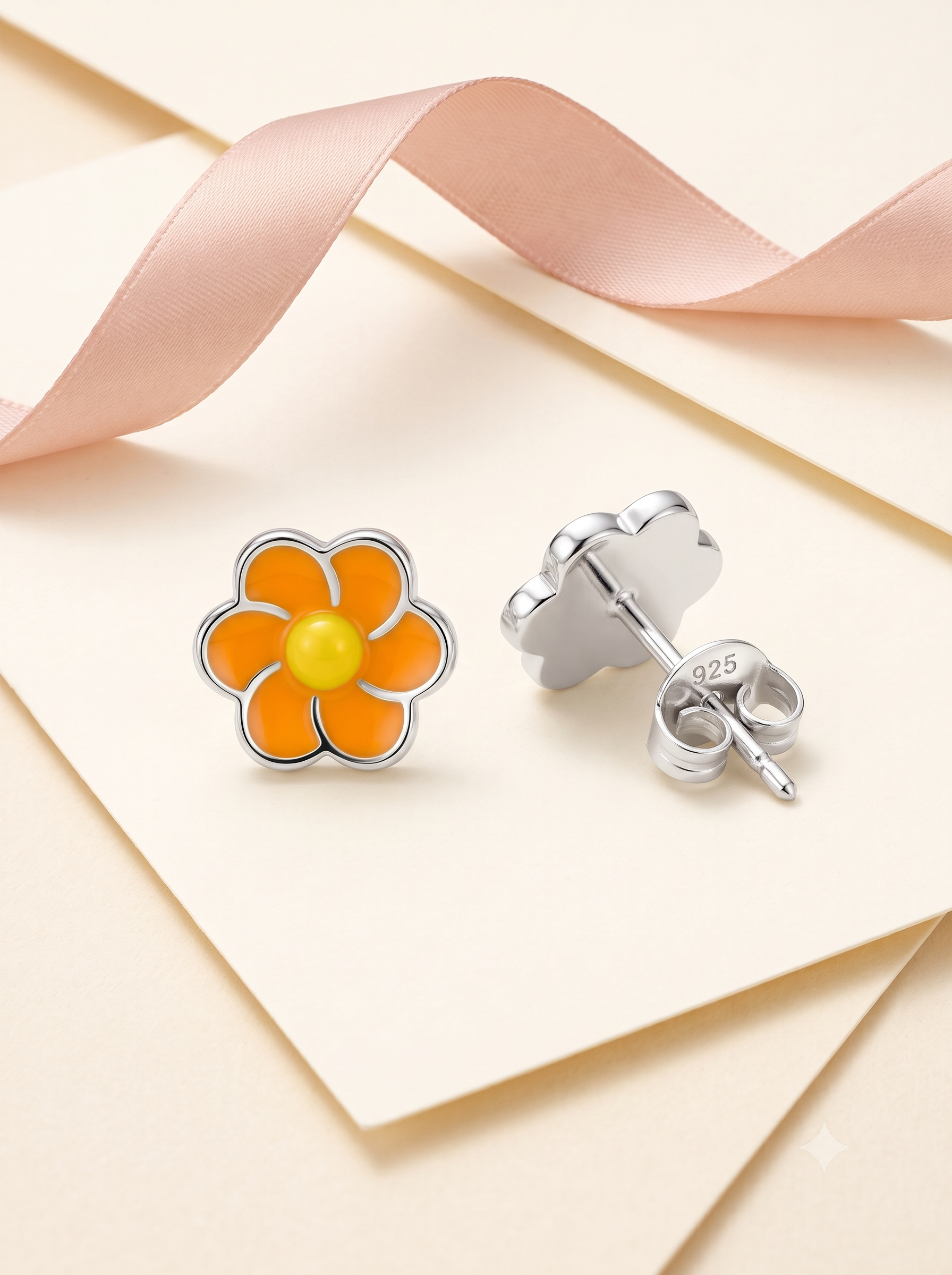 SYLVEXIA 925 Sterling Silver Orange Floral Stud Earrings