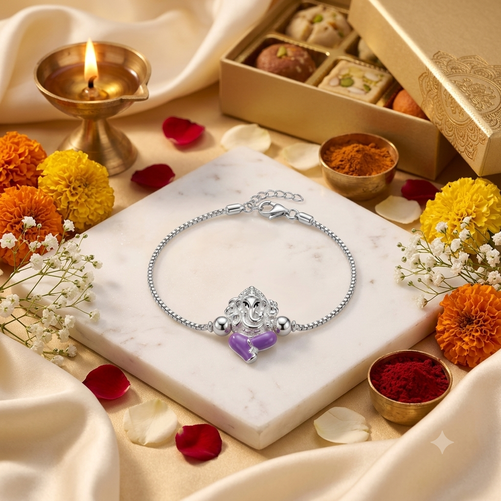 SYLVEXIA 925 Sterling Silver Purple Ganesha Rakhi Bracelet for Brother