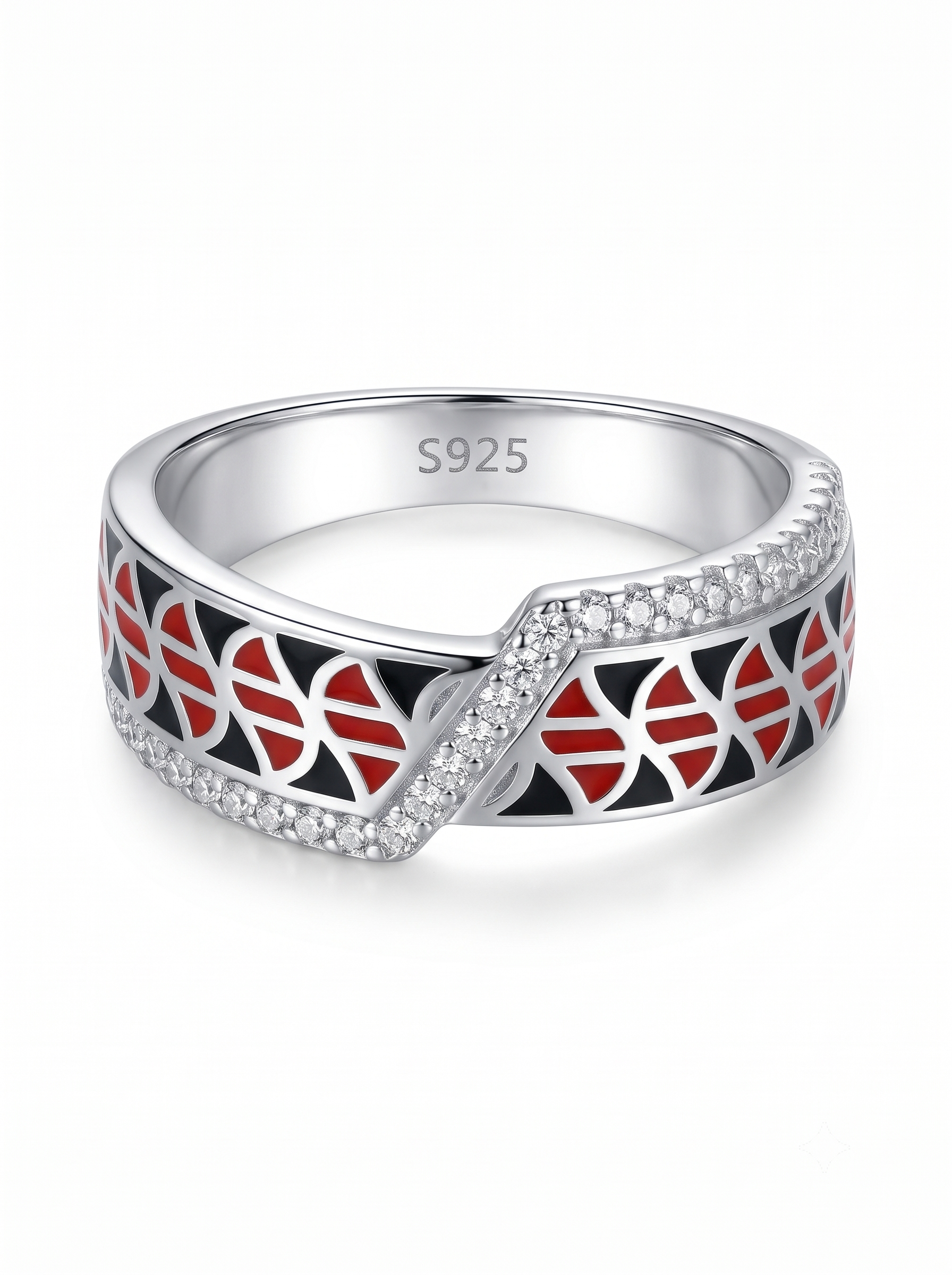 SYLVEXIA 925 Sterling Silver Red Black Geometric Ring
