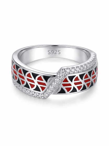 SYLVEXIA 925 Sterling Silver Red Black Geometric Ring