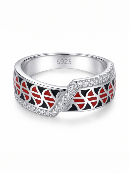 SYLVEXIA 925 Sterling Silver Red Black Geometric Ring