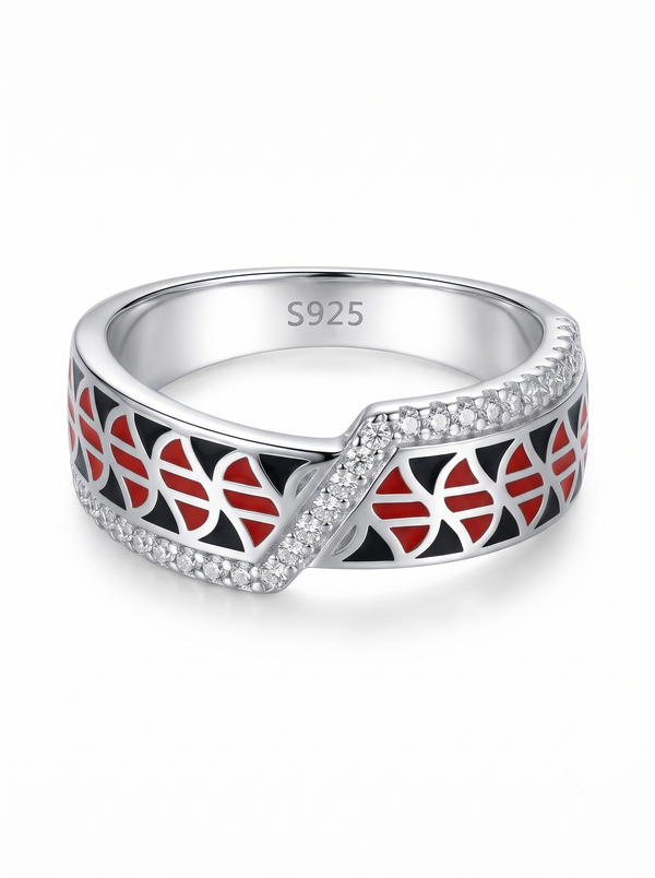 SYLVEXIA 925 Sterling Silver Red Black Geometric Ring