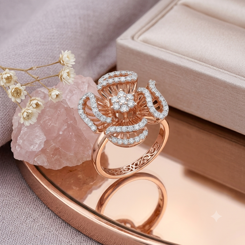 Sylvexia 925 Sterling Silver Rose Gold Floral CZ Statement Ring for Women