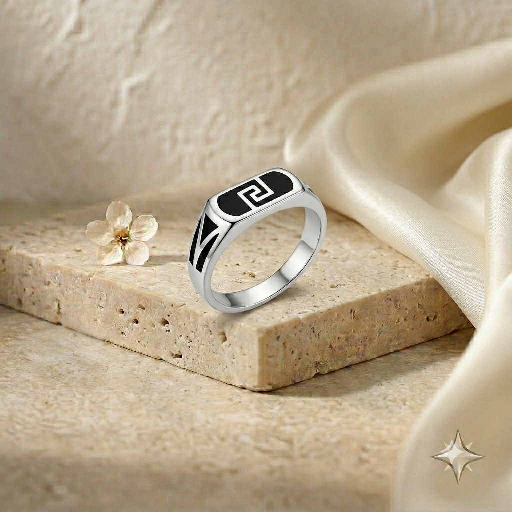 925 Sterling Silver Mens Black Enamel Greek Key Signet Ring