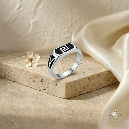 925 Sterling Silver Mens Black Enamel Greek Key Signet Ring