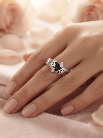 SYLVEXIA 925 Sterling Silver Red Black Geometric Ring