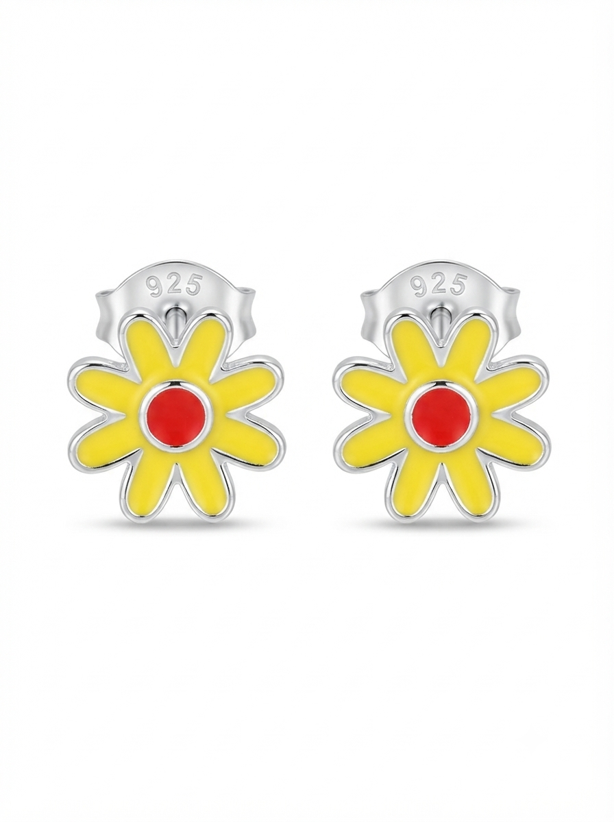 SYLVEXIA 925 Sterling Silver Yellow and Red Floral Stud Earrings