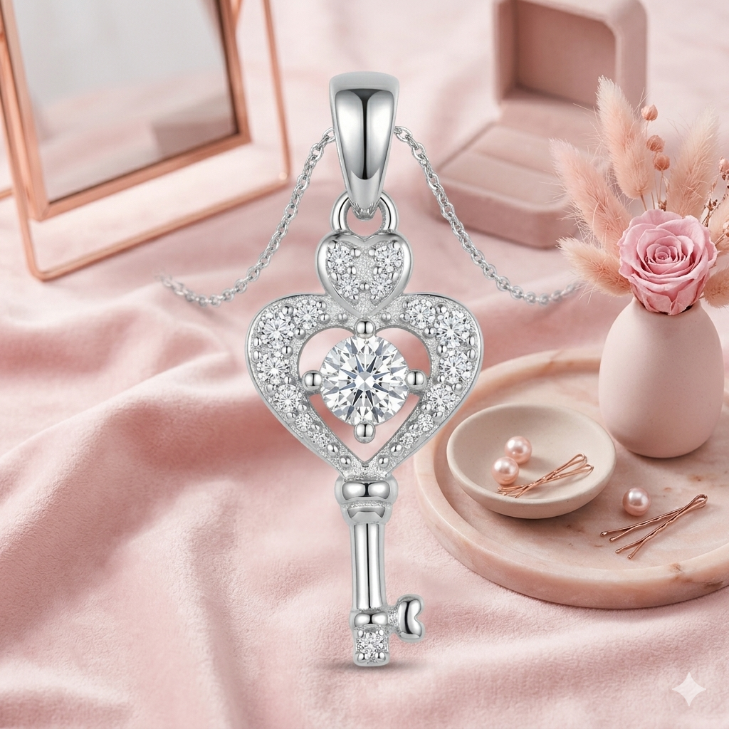 Sylvexia 925 Sterling Silver Heart Key Pendant for Women with CZ