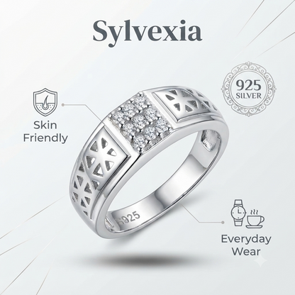 SYLVEXIA 925 Sterling Silver CZ Cluster Ring for Women Geometric Openwork Band Ring