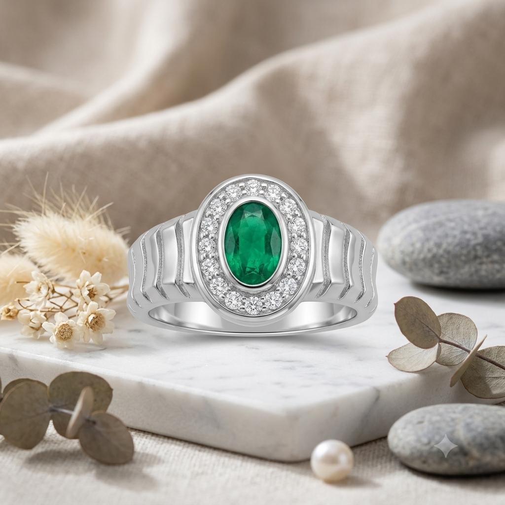 SYLVEXIA Oval Cut Green Emerald Halo Ring in 925 Sterling Silver with CZ Accents for Women