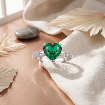 Sylvexia 925 Sterling Silver Emerald Green Heart CZ Ring for Women
