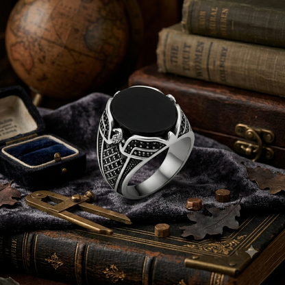 Sylvexia 925 Sterling Silver Men's Black Oval Signet Ring with Engraved Band