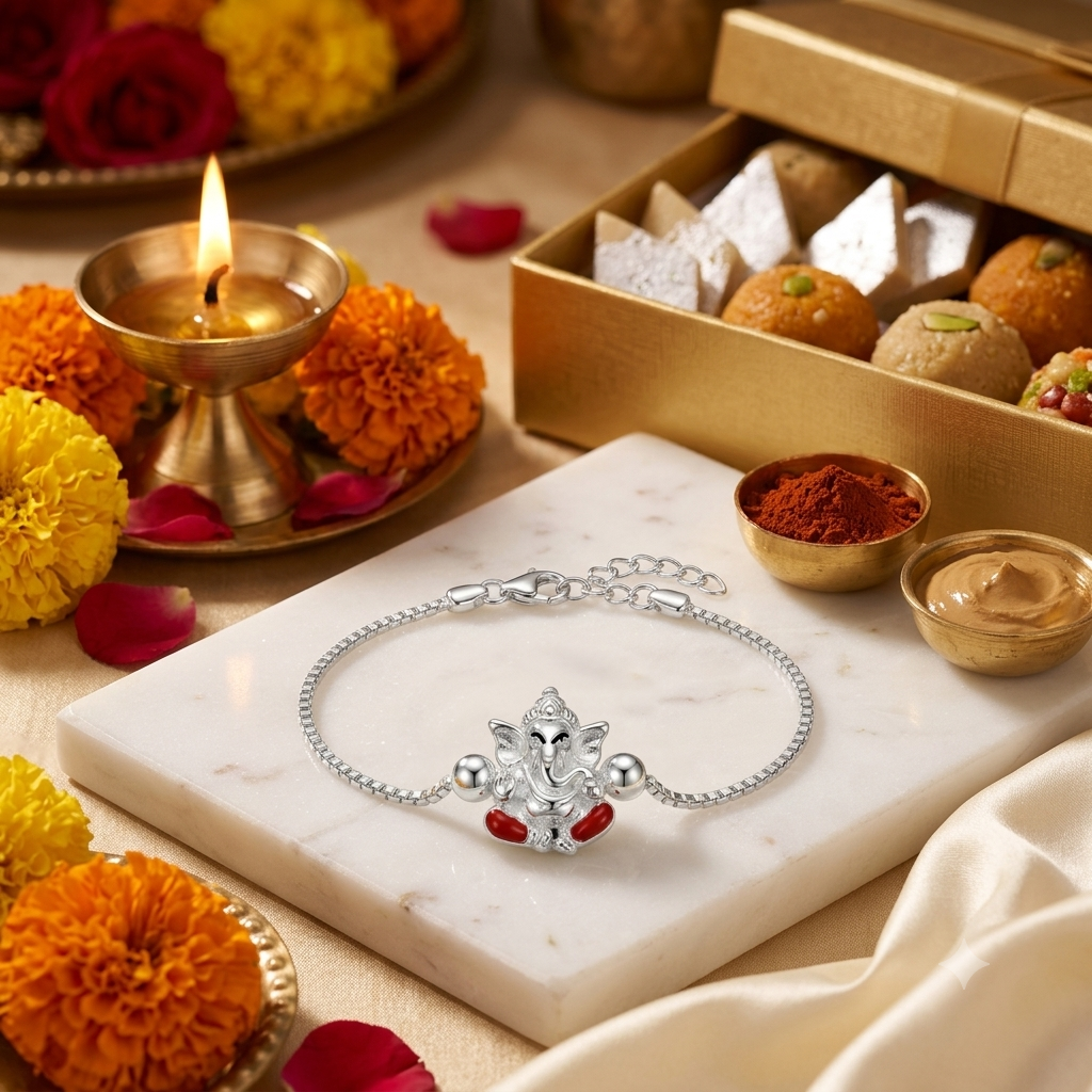 SYLVEXIA 925 Sterling Silver Red Ganesha Rakhi Bracelet for Brother