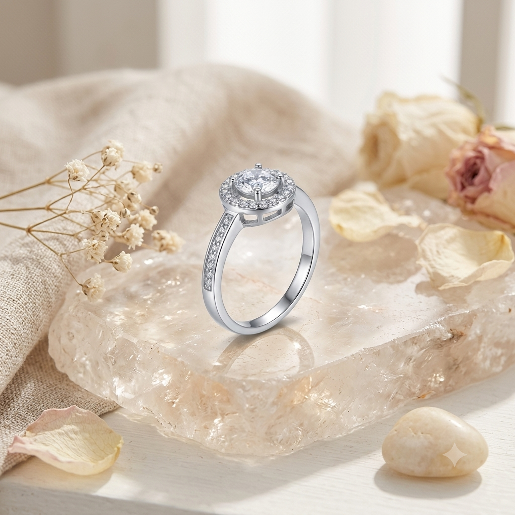 SYLVEXIA 925 Sterling Silver Halo CZ Solitaire Ring for Women