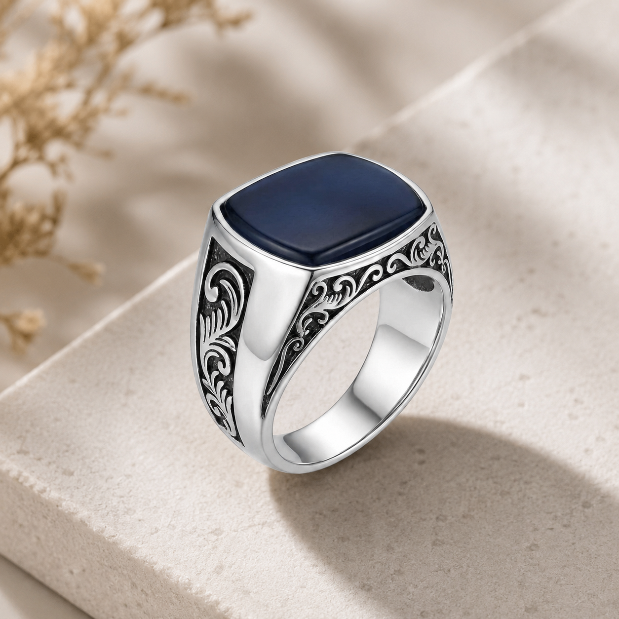 Sylvexia 925 Sterling Silver Men's Blue Oval Signet Ring with Engraved Band