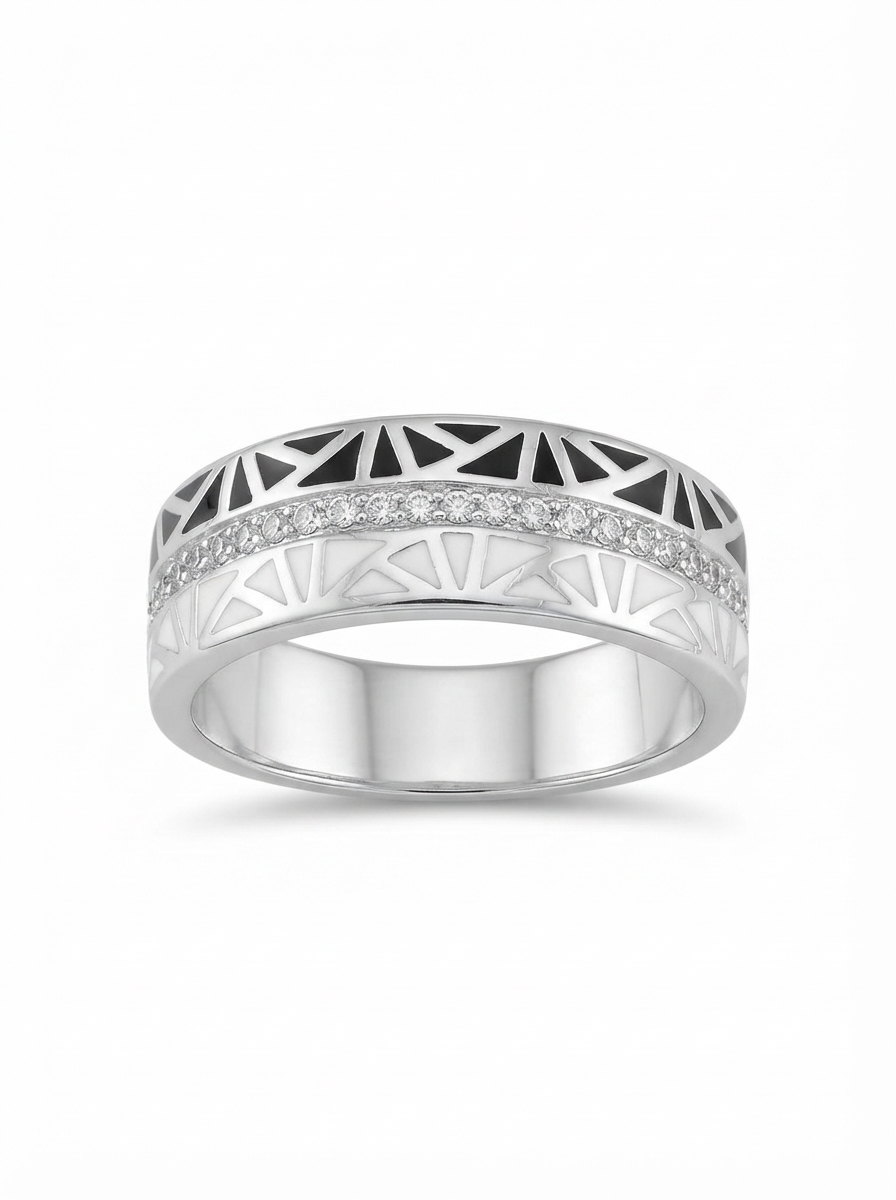 SYLVEXIA 925 Sterling Silver White Black Geometric Ring for Women