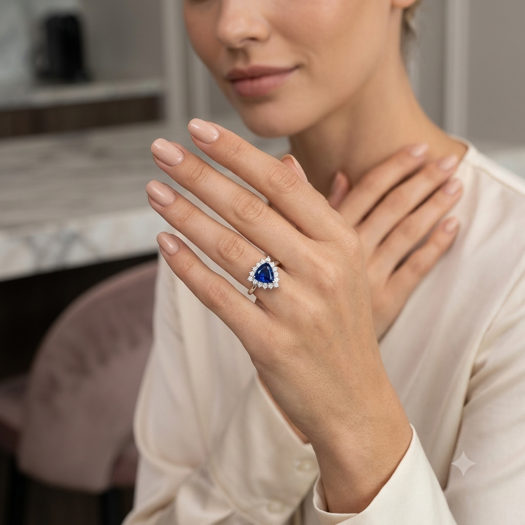 SYLVEXIA Trillion Cut Blue Sapphire Halo Ring for Women in 925 Sterling Silver with Cubic Zirconia Accents