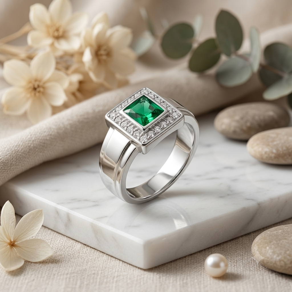 SYLVEXIA Emerald Cut Green Emerald Halo Ring in 925 Sterling Silver with CZ Accents for Women