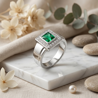 SYLVEXIA Emerald Cut Green Emerald Halo Ring in 925 Sterling Silver with CZ Accents for Women