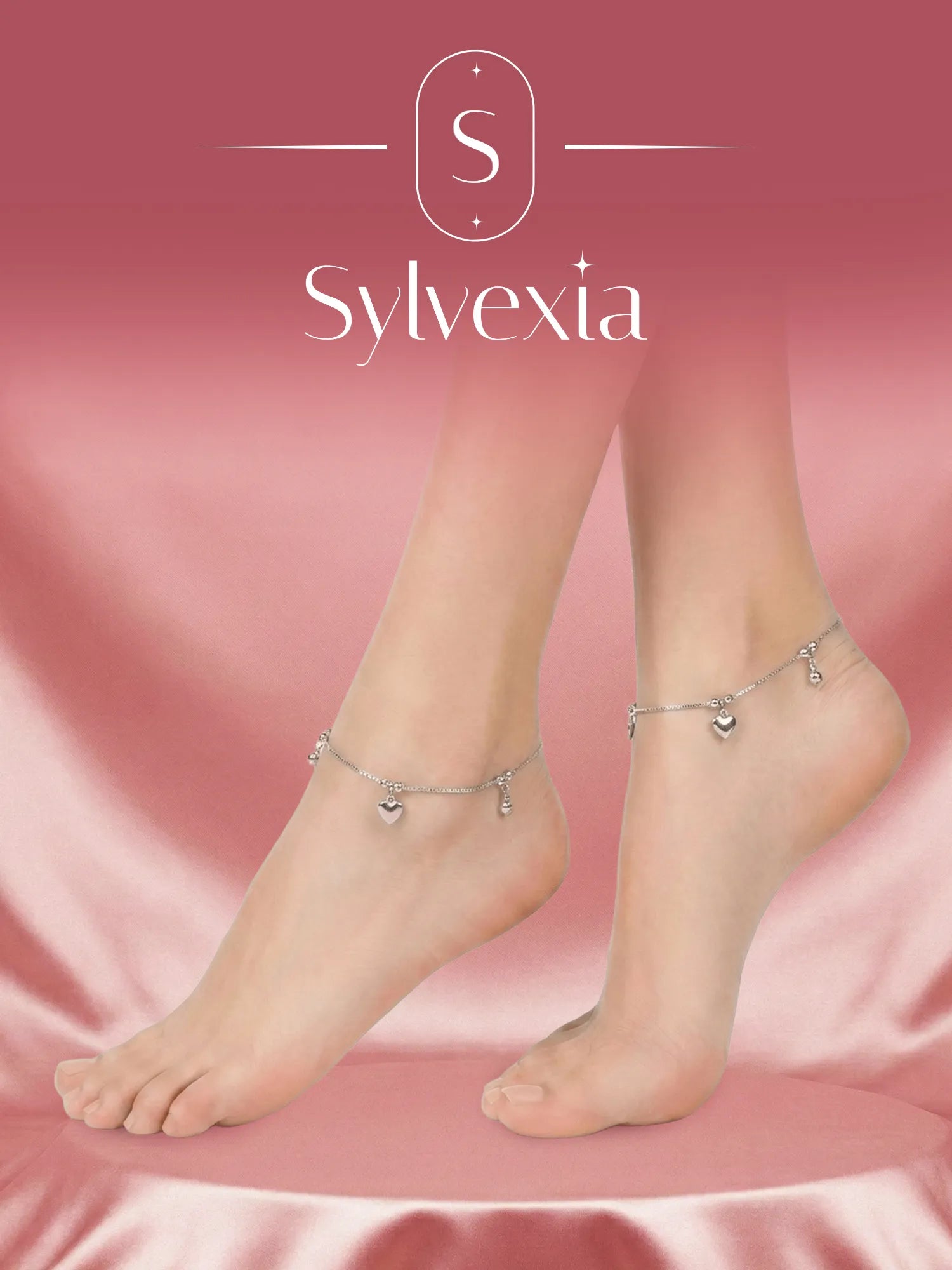 Sylvexia 925 Sterling Silver Heart Charm Anklet for Women