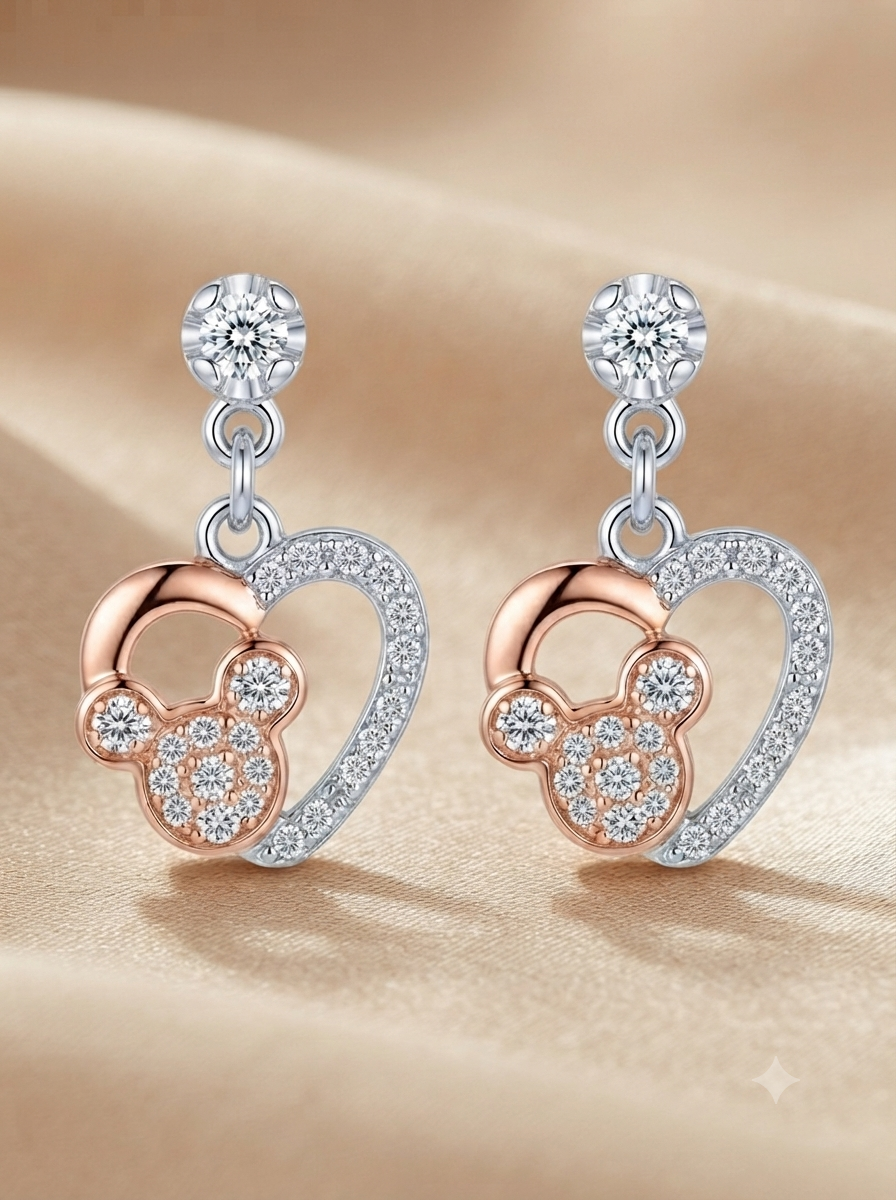 SYLVEXIA Women Two Tone Plated Crystal Studded Mouse Heart Drop Earrings