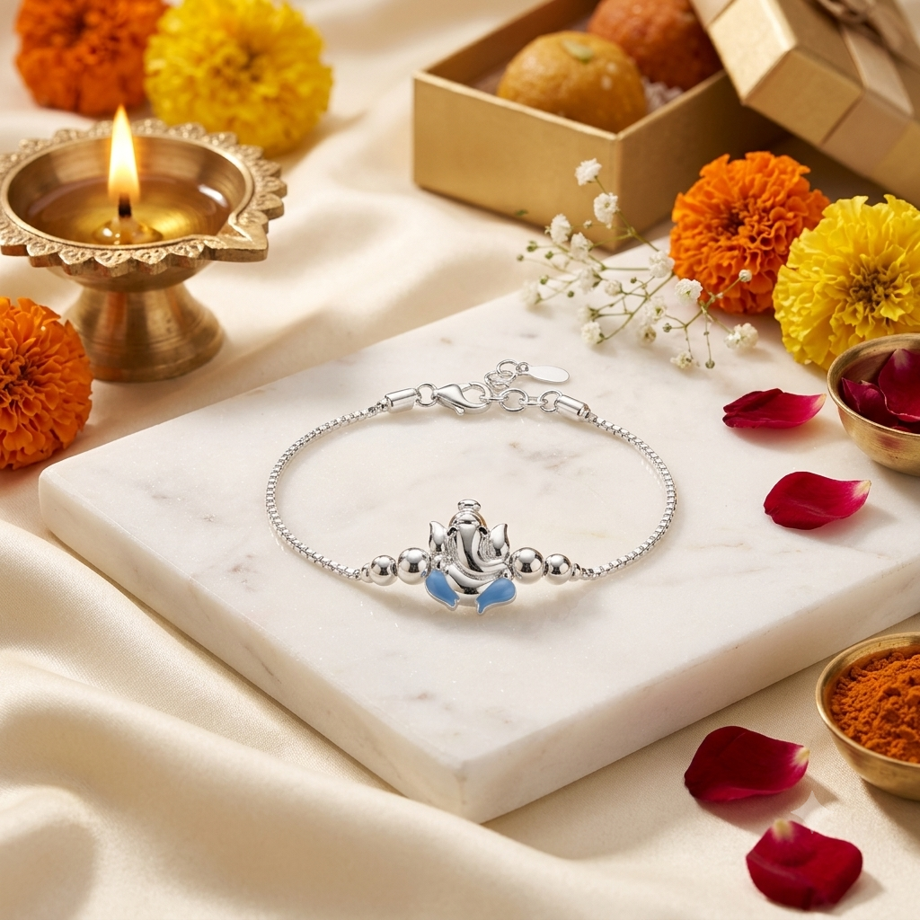 SYLVEXIA 925 Sterling Silver Blue Ganesha Rakhi Bracelet for Brother