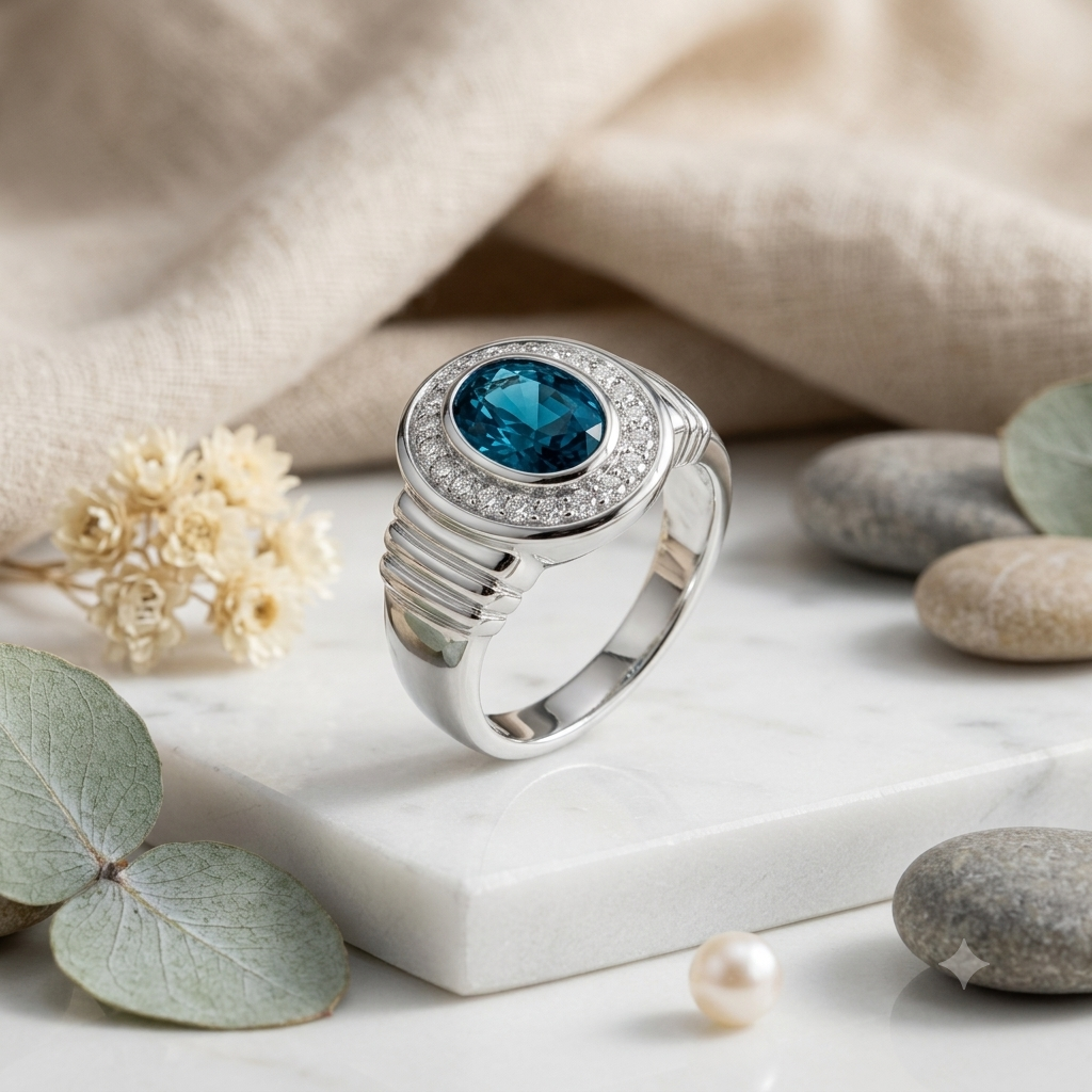 SYLVEXIA 925 Sterling Silver Oval Cut London Blue Topaz Halo Ring for Women