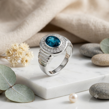 SYLVEXIA 925 Sterling Silver Oval Cut London Blue Topaz Halo Ring for Women