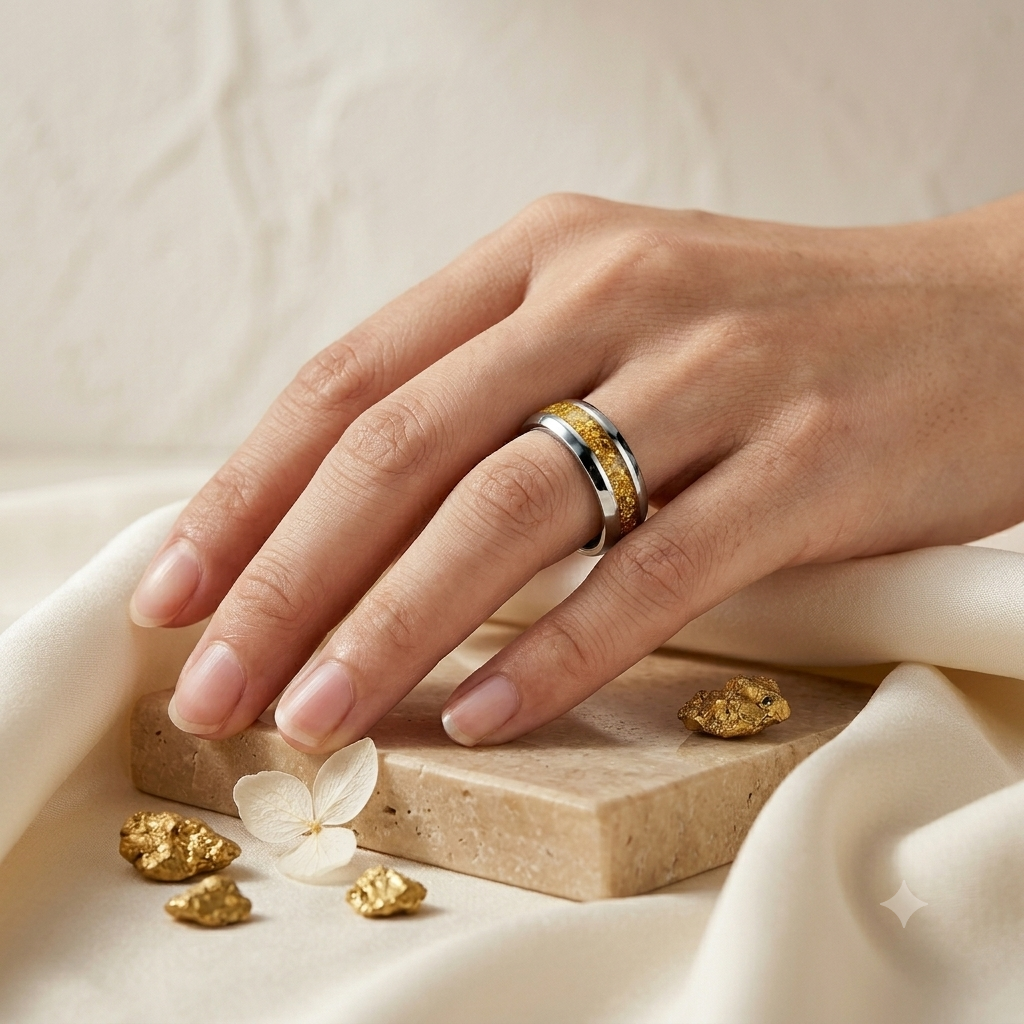 925 Sterling Silver Gold Tone Inlay Ring for Men Band Ring