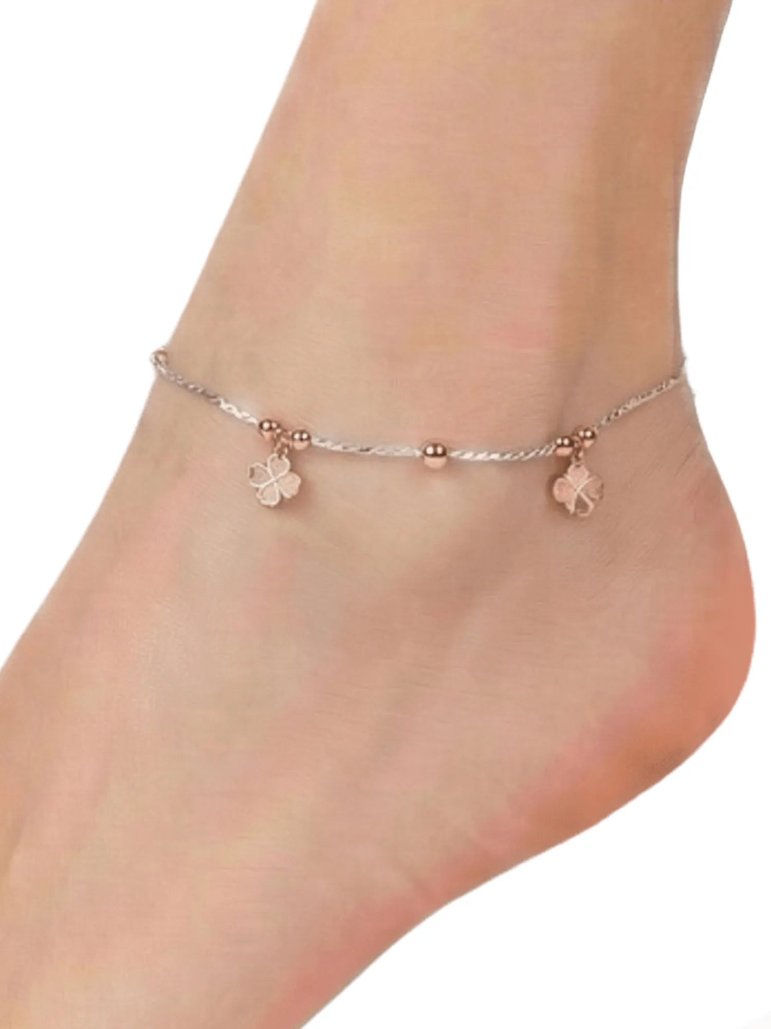 Sylvexia 925 Sterling Silver Rose Gold Clover Charm Anklet for Women