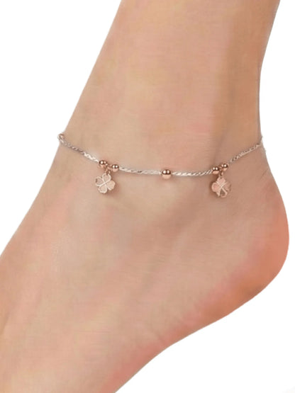 Sylvexia 925 Sterling Silver Rose Gold Clover Charm Anklet for Women
