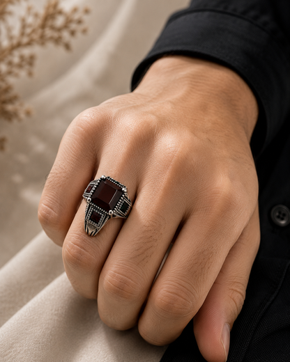 Sylvexia 925 Sterling Silver Men's Emerald Cut Garnet Statement Ring
