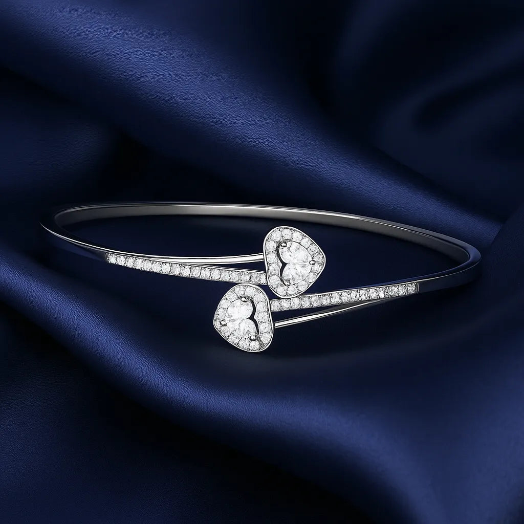 Elegant Double Heart Diamond Bracelet – Silver Open Cuff Bangle for Women