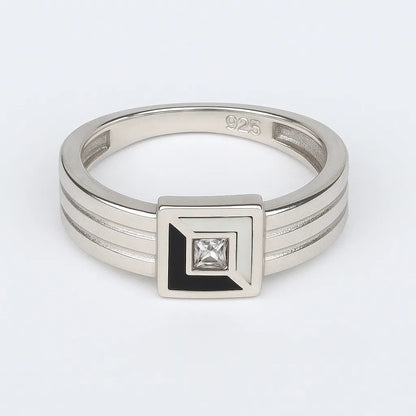 925 Sterling Silver Square Black Enamel Stone Ring for Women