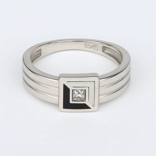 925 Sterling Silver Square Black Enamel Stone Ring for Women