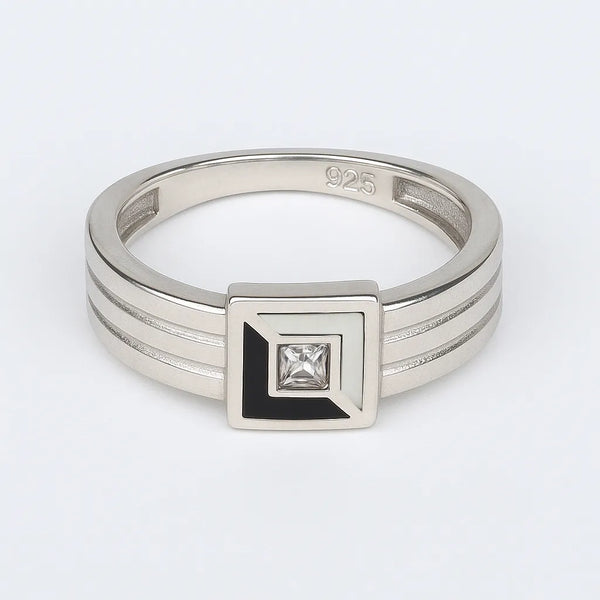 925 Sterling Silver Square Black Enamel Stone Ring for Women