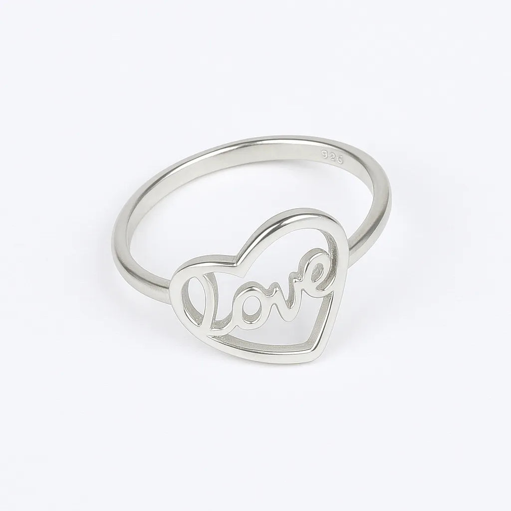 925 Sterling Silver Love Heart Ring for Women Minimal Script Design