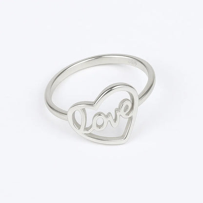 925 Sterling Silver Love Heart Ring for Women Minimal Script Design