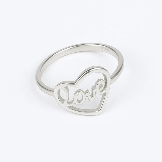 925 Sterling Silver Love Heart Ring for Women Minimal Script Design