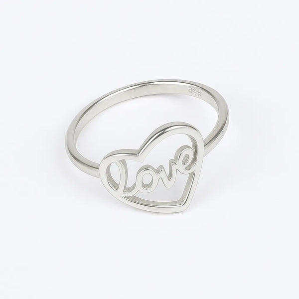 925 Sterling Silver Love Heart Ring for Women Minimal Script Design
