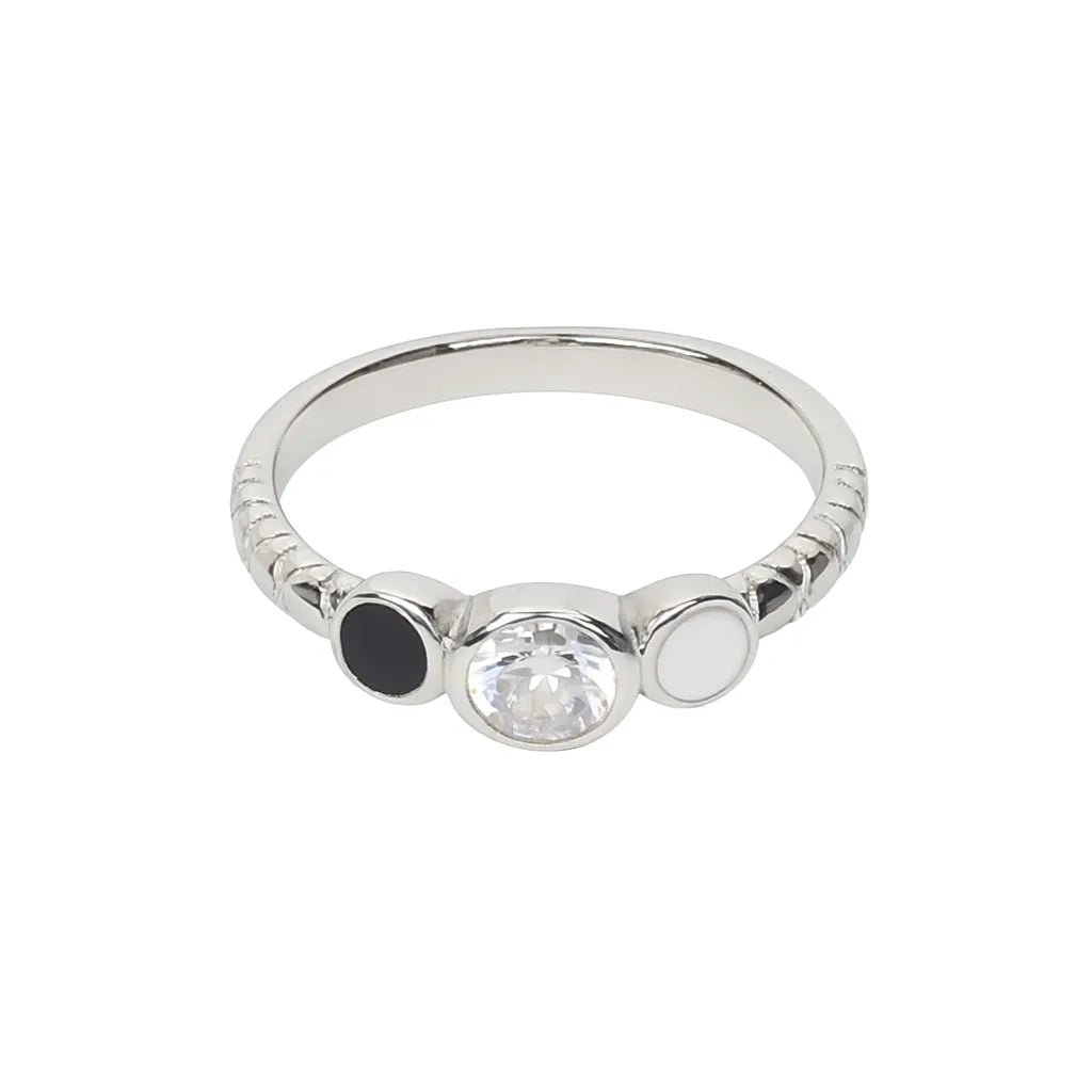 925 Sterling Silver Triple Stone Ring for Women Black White & Crystal Design