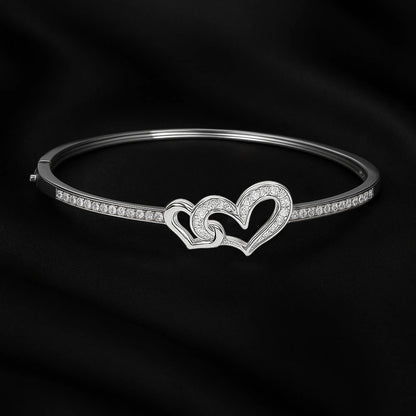 Elegant Double Heart Diamond Bangle Bracelet – Silver Crystal Cuff for Women