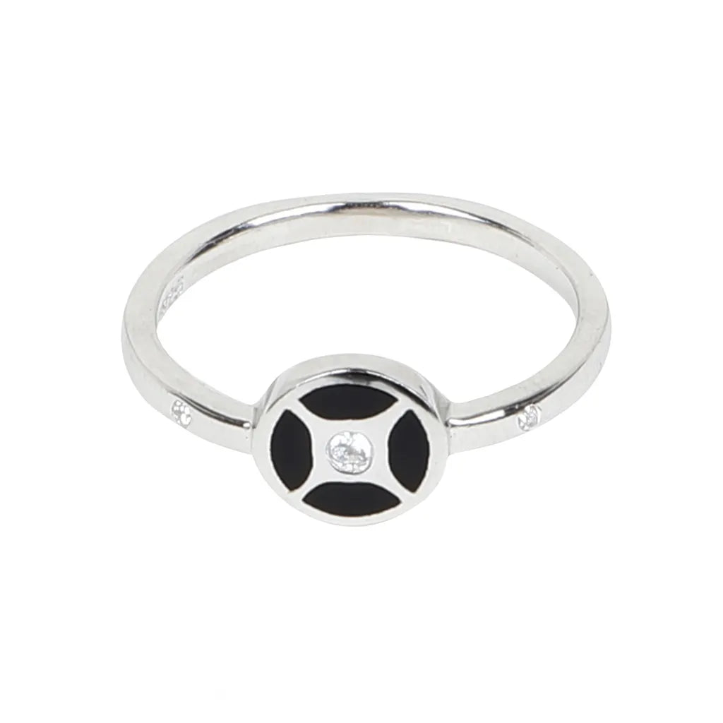 Stylish 925 Sterling Silver Black Enamel Round Ring with Sparkling Stone for Women